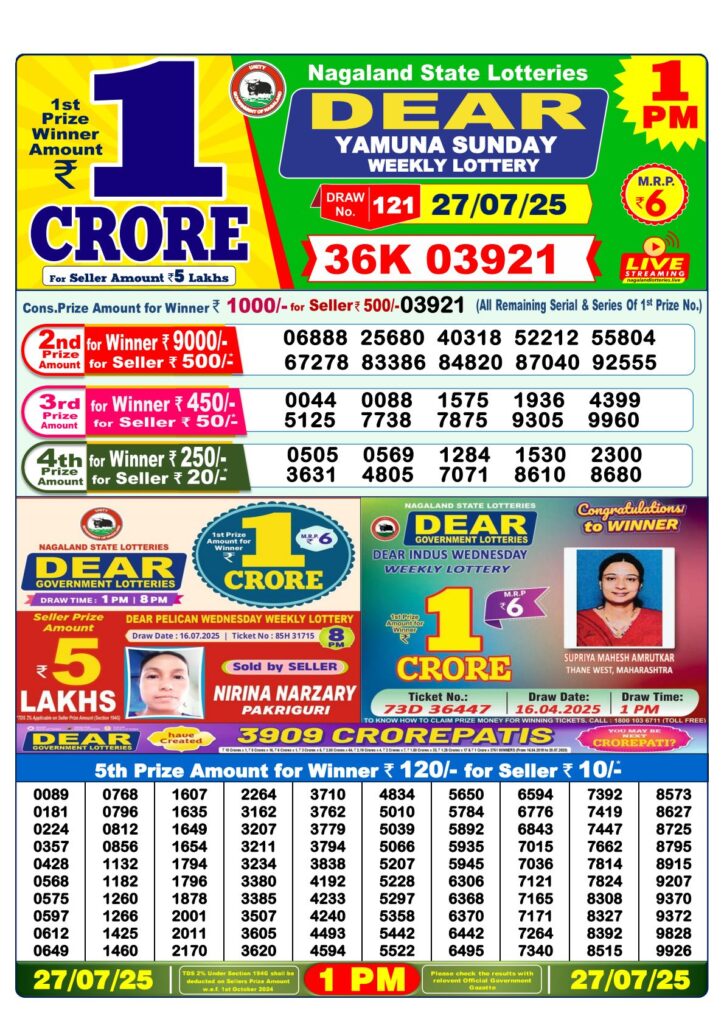 Lottery Sambad Result Today 1 PM 27-7-2025