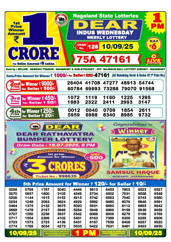 Lottery Sambad Result Today 1 PM 10-9-2025
