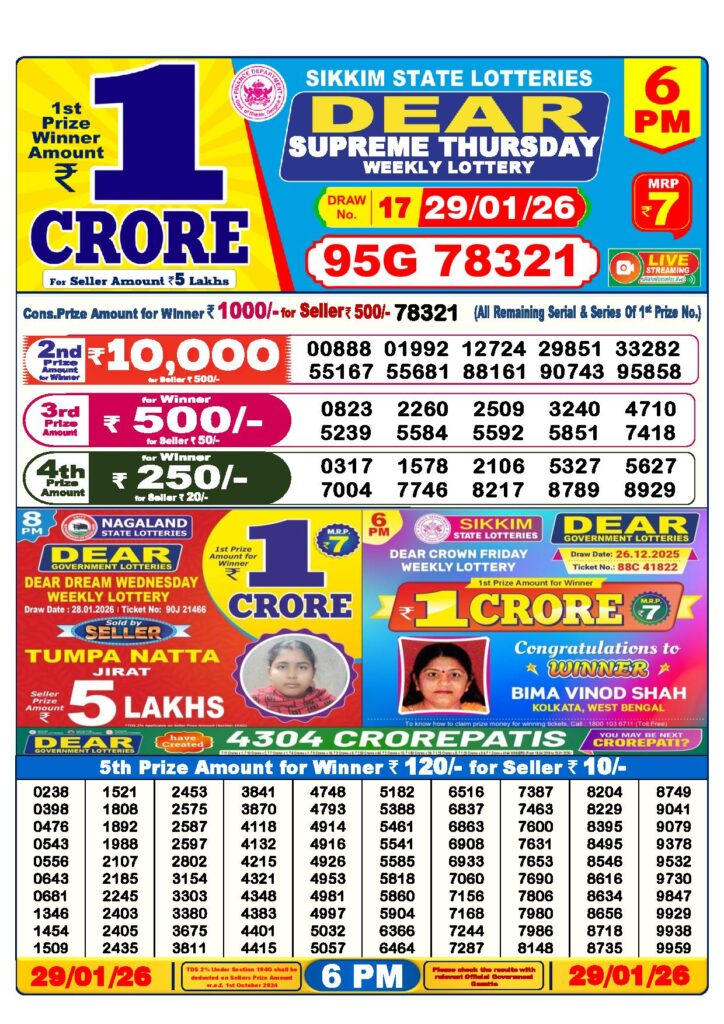 Dear Lottery Result Today 6 PM 29-01-2026
