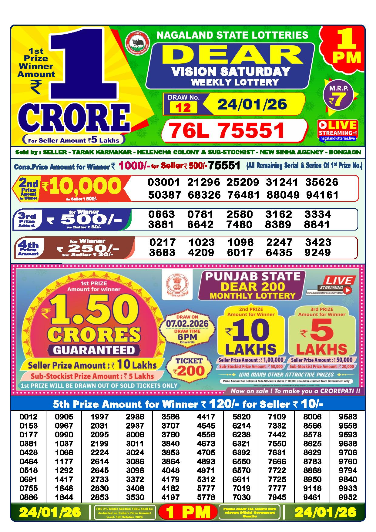 Dear Lottery Result Today 1 PM 24-01-2026
