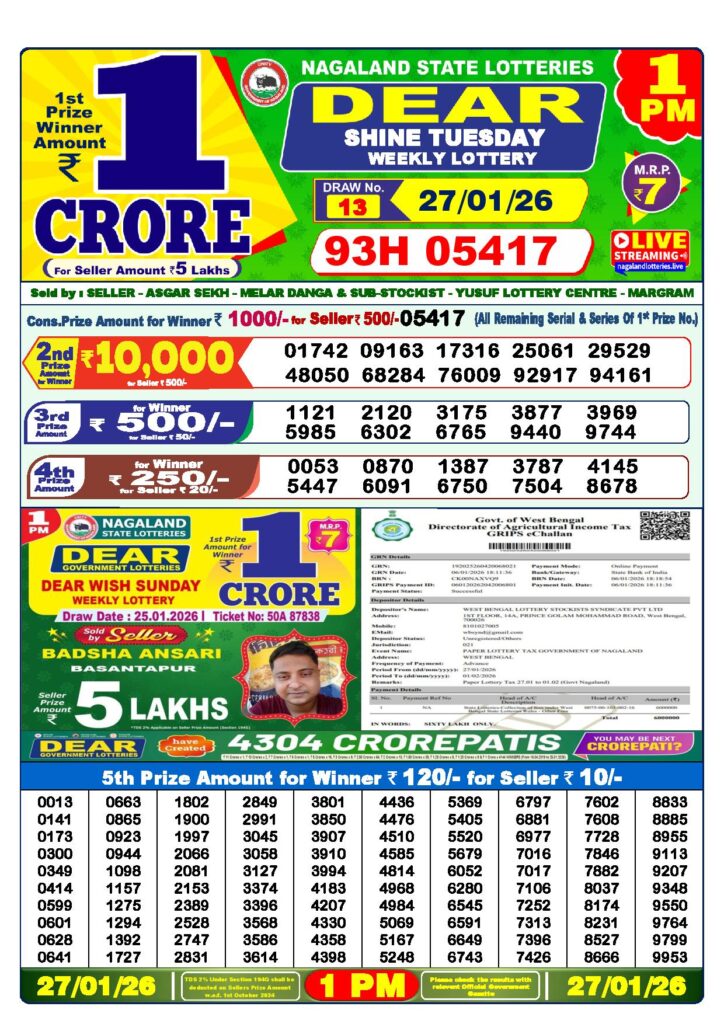 Dear Lottery Result Today 1 PM 27-01-2026
