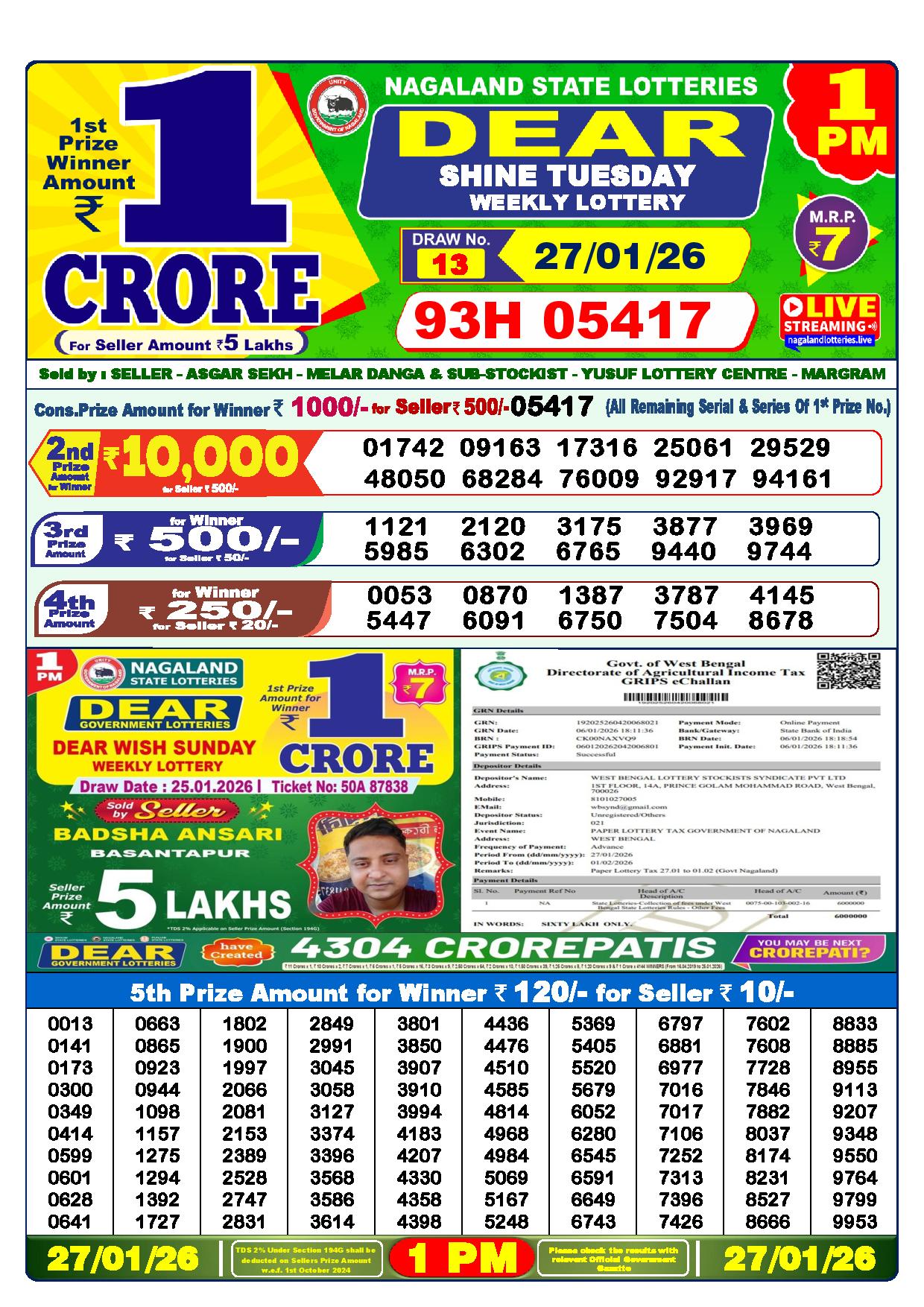 Dear Lottery Result Today 1 PM 27-01-2026
