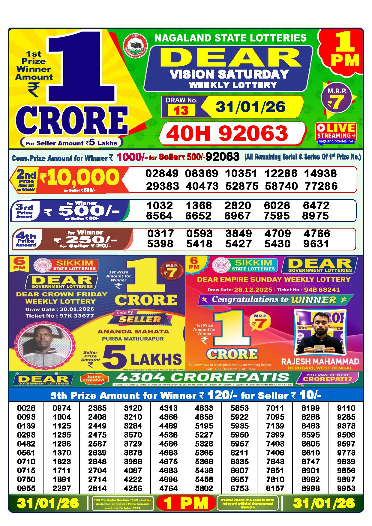 Dear Lottery Result Today 1 PM 31-01-2026